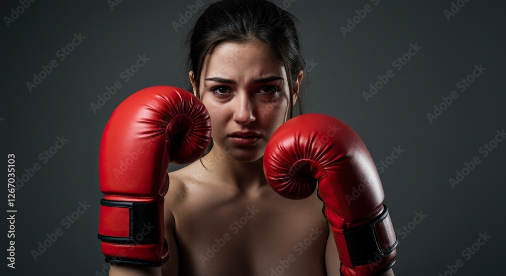 Determined Woman in Boxing Gloves Ready to Fight in Studio