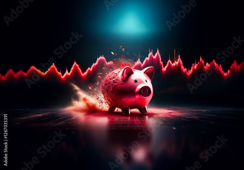 A pink piggy bank stands prominently against a backdrop of a fluctuating red graph, possibly symbolizing financial market trends or economic instability in a dark setting.