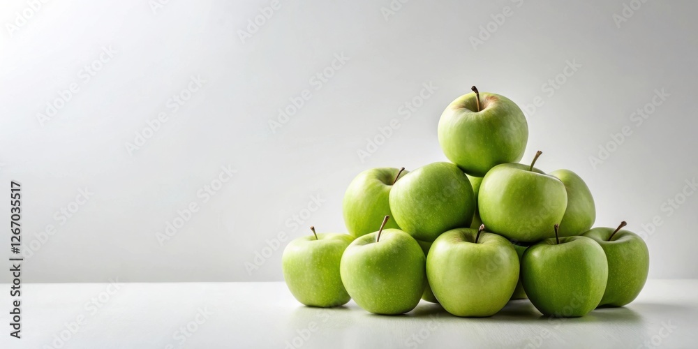 A pyramid of crisp, fresh, green apples on a white surface against a bright background
