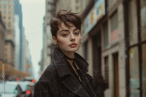 Woman in Men's Clothing Showing Strength and Style on a City Street as a Symbol of Feminist Expression and Freedom photo