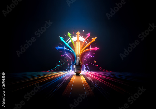 A vibrant lightbulb emits colorful arrows against a dark background, representing ideas spreading in different directions, symbolizing innovation and creativity.