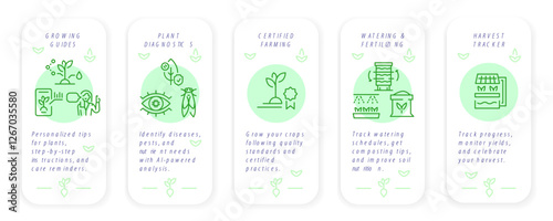 Urban farming icons. Set of 5 icons. Growing guide, certified farming, watering, fertilizing, harvest, Seedling, vertical farming. Infographic for mobile app, presentation. Vector illustration.
