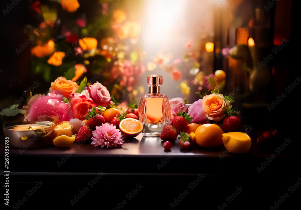 A perfume bottle is centered among vibrant roses and dahlias, accompanied by fresh strawberries, oranges, and lemons. Soft light illuminates the scene, creating a bright and floral atmosphere. A perfume bottle is centered among vibrant roses and dahlias, accompanied by fresh strawberries, oranges, and lemons. Soft light illuminates the scene, creating a bright and floral atmosphere.