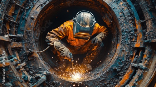 Welder repairing a large metal pipe inside a confined space, sparks flying.