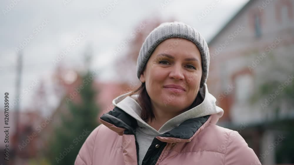 Happy woman in pink jacket and grey beanie smiling warmly into camera, standing outdoors against blurred background featuring vibrant autumn foliage, house, and garden