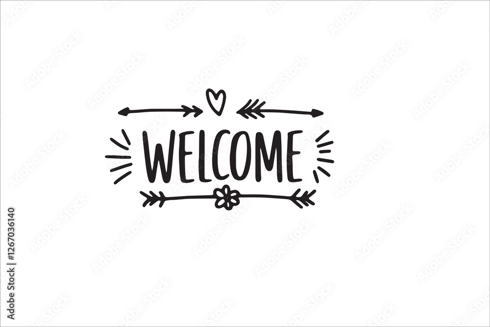 Obraz premium Welcome Sign: Hand-drawn welcome sign with arrows, heart, and flower. Perfect for invitations, blogs, social media, and more. 
