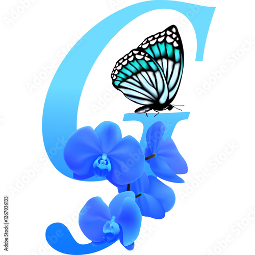 Blue letter G with orchid and butterfly on  transparent background; PNG