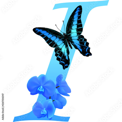 Blue letter I with orchid and butterfly on  transparent background; PNG