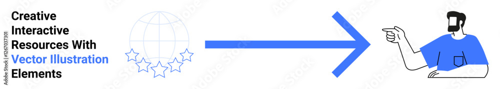 Globe surrounded by stars transitions to a pointing man via blue arrow. Ideal for technology, creativity, guidance, global outreach, innovation, resources, flat landing page banner Globe surrounded by stars transitions to a pointing man via blue arrow. Ideal for technology, creativity, guidance, global outreach, innovation, resources, flat landing page banner