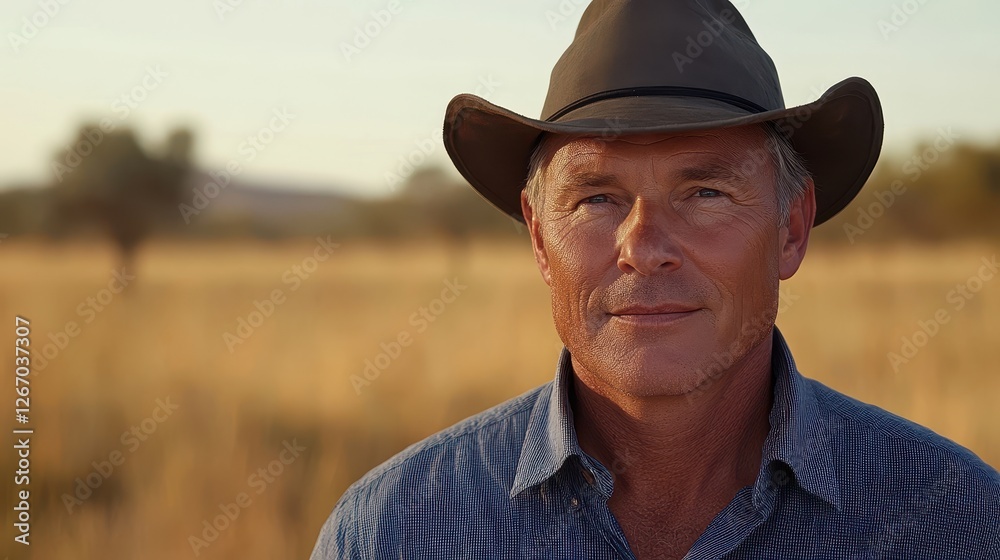 Fototapeta premium Mature Male Farmer in a Field at Sunset