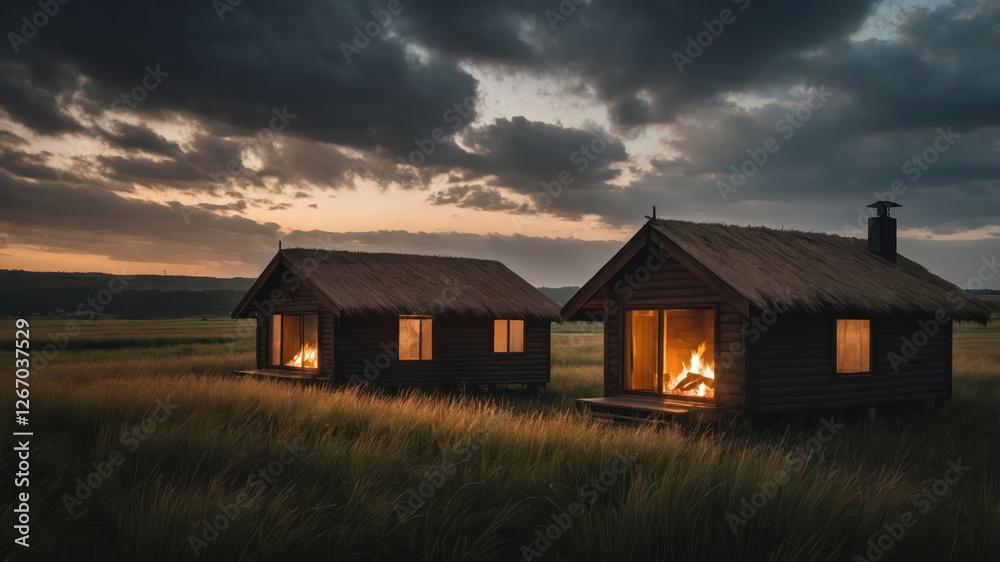 Two wooden cabins with lit interiors amidst tall grass under a dramatic sunset sky. Two wooden cabins with lit interiors amidst tall grass under a dramatic sunset sky.