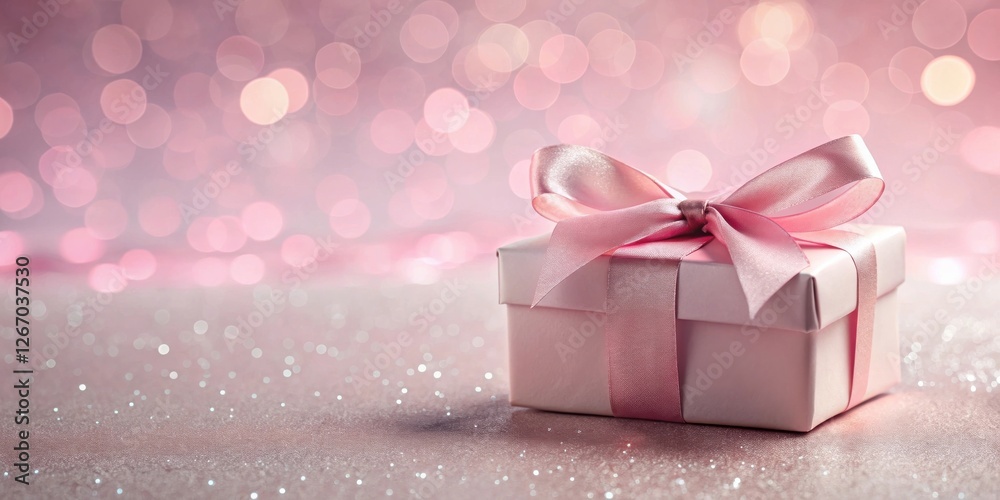 Fototapeta premium A delicately wrapped pink gift box with a satin ribbon sits on a sparkling surface, bathed in soft, romantic lighting.