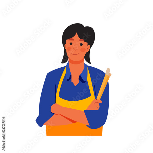 Vector of smiling painter woman standing with confident pose hold paintbrush