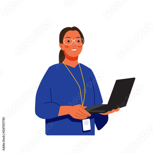 Vector of smiling developer woman hold laptop