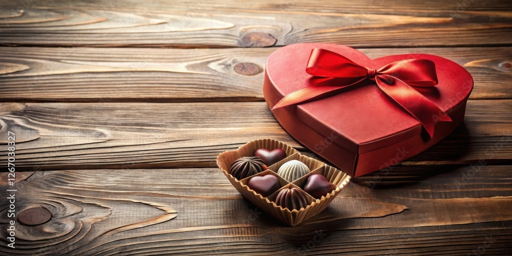 Heart-shaped box of chocolates and assorted bonbons on a rustic wooden surface Heart-shaped box of chocolates and assorted bonbons on a rustic wooden surface