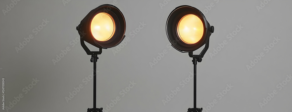 Studio lights illuminate grey backdrop Studio lights illuminate grey backdrop