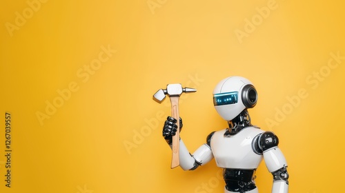 AI robot holding a hammer on yellow background, managing home, home assistant, AI Agent, home automation photo