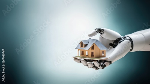 Robot hand holding a house model, AI Robot. managing home, home assistant, AI Agent photo