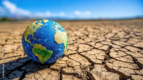 Climate Change and global warming and Conservation. Dried earth with a globe symbolizing environmental concerns.