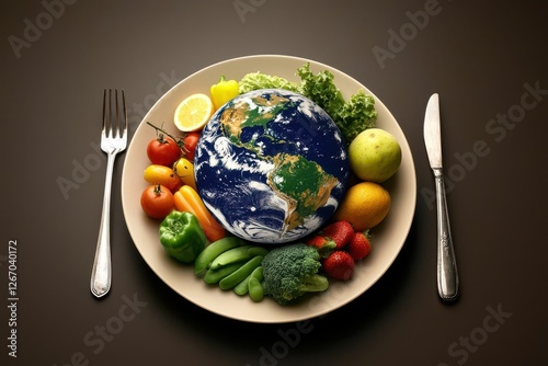 Climate Change and global warming and Conservation. Food art depicting Earth as a plate of colorful fruits and vegetables.