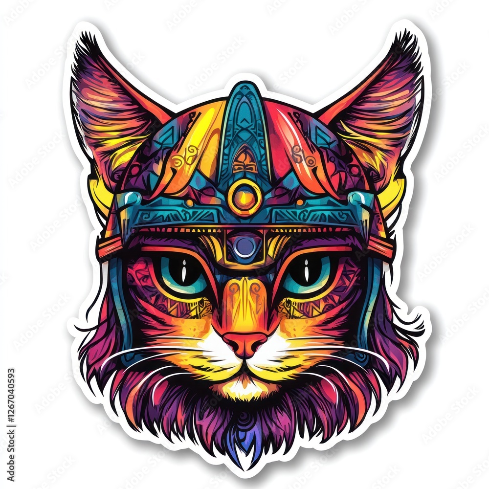 Naklejka premium Colorful warrior cat helmet, fantasy art, digital illustration, sticker