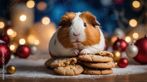 A guinea pig sits atop cookies, surrounded by festive decorations and soft lighting.
