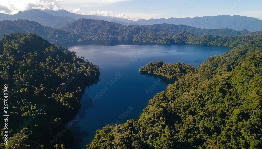 Lake view surrounded by green forests under a clear sky, great for travel Lake view surrounded by green forests under a clear sky, great for travel