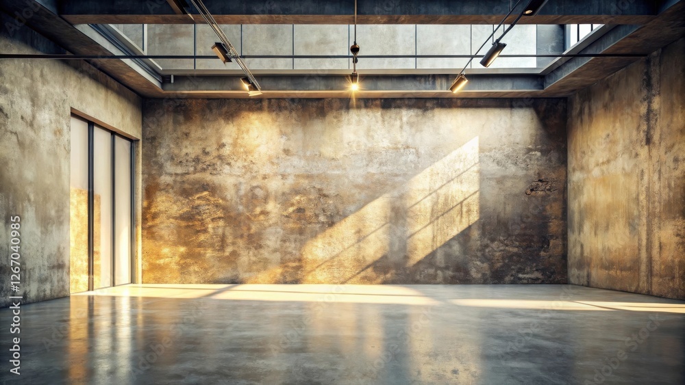 Obraz premium Sunlit Industrial Loft Space with Textured Walls and Polished Concrete Floor