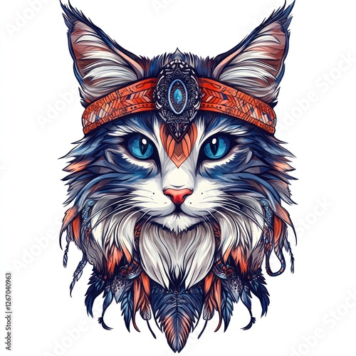 Cat with Native American headband, artistic illustration photo