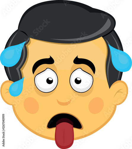 vector illustration yellow emoji character male, exhausted with his tongue out and drops of sweat on his head