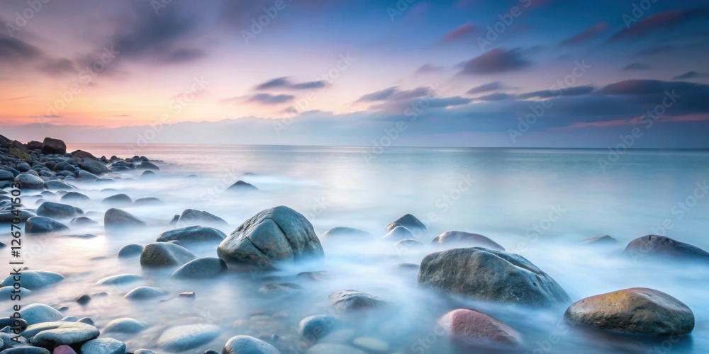 Obraz premium Serene Coastal Rocks at Dawn A Tranquil Seascape with Smooth Water and Hazy Sky