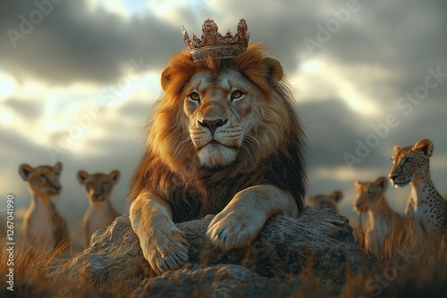 Wallpaper Mural Majestic lion king wearing golden crown rules the savannah pride Torontodigital.ca