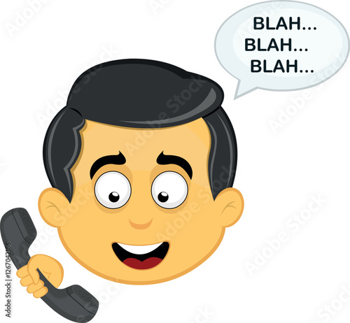 vector illustration yellow emoji character male, talking on the phone and a speech bubble with the text blah