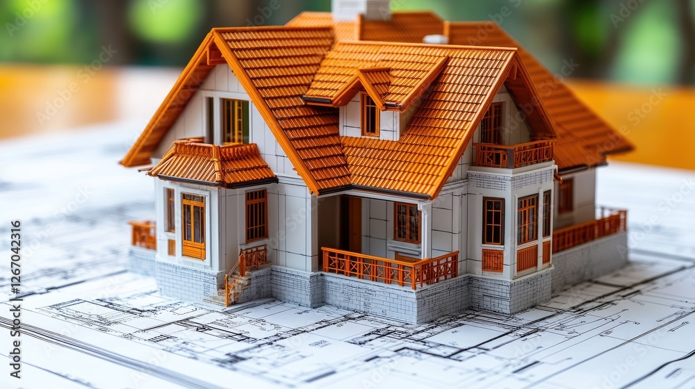 Detailed model of a house on architectural blueprints, showcasing design and construction elements Detailed model of a house on architectural blueprints, showcasing design and construction elements