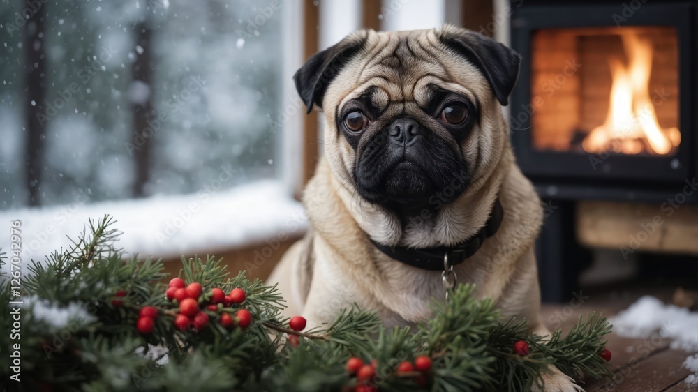 A pug sits beside a cozy fireplace, surrounded by festive greenery and snow. A pug sits beside a cozy fireplace, surrounded by festive greenery and snow.