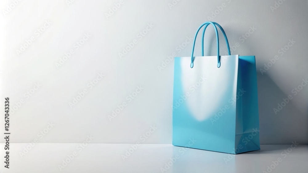 A light blue paper shopping bag sits on a white surface against a white wall A light blue paper shopping bag sits on a white surface against a white wall