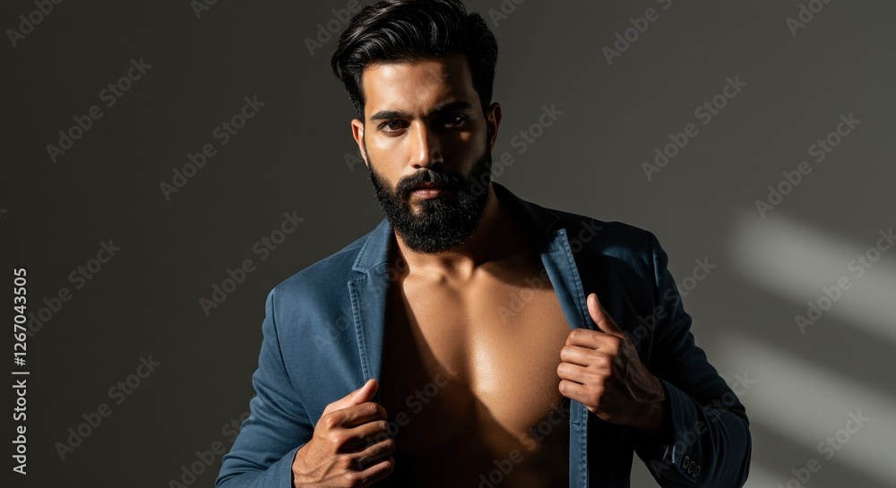 Portrait of a Confident Bearded Man in Suit Jacket with Strong Shadows and Dramatic Lighting Portrait of a Confident Bearded Man in Suit Jacket with Strong Shadows and Dramatic Lighting