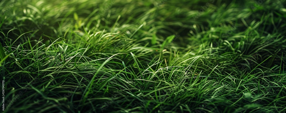 A field of green grass with dew on it A field of green grass with dew on it