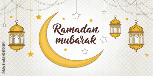 Elegant white and gold Ramadan Mubarak greeting card featuring a crescent moon, hanging lanterns, and intricate Arabic patterns