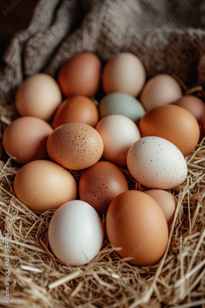 Farm fresh eggs in hay nest, rustic setting, food photography Farm fresh eggs in hay nest, rustic setting, food photography