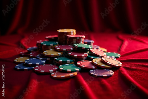 A hyper-detailed digital illustration of poker chips in various colors, stacked in a slightly messy pile on a deep red velvet table. The fabric’s texture is soft and plush, with subtle folds and light photo