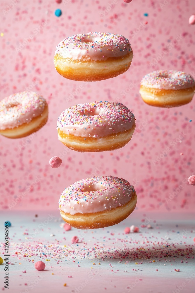Pink donuts levitating, sprinkles, studio, food photography Pink donuts levitating, sprinkles, studio, food photography
