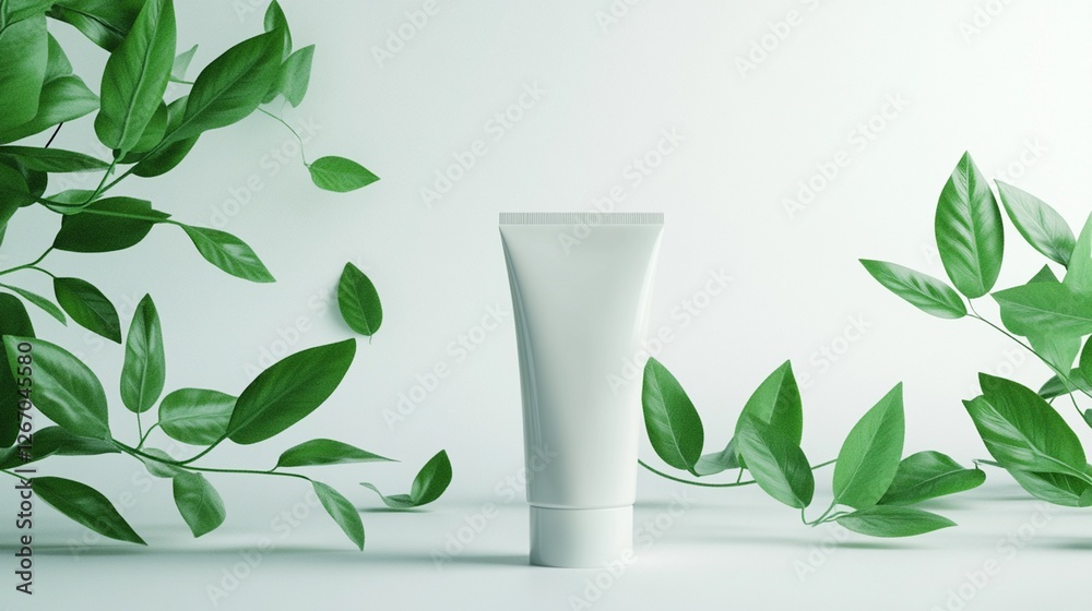 There is a hand cream with a natural design and greenery. There is a hand cream with a natural design and greenery.