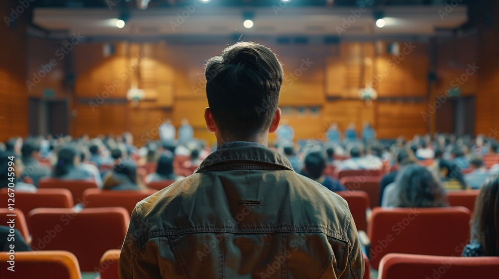 Fototapeta premium A man is sitting in a theater with a crowd of people
