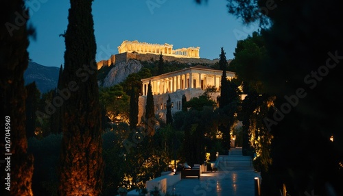 Night view of Acropolis in Athens, Greece illuminated, for tourism ads