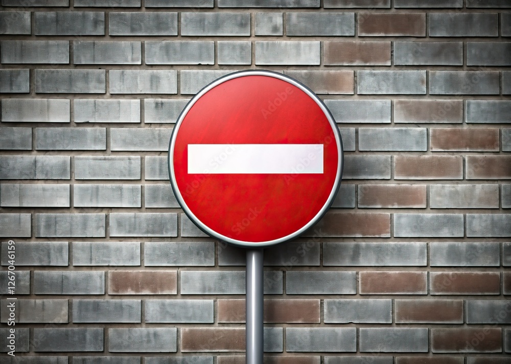 Gray brick wall, isolated no entry sign, warning drivers to stop. Roadside prohibition. Gray brick wall, isolated no entry sign, warning drivers to stop. Roadside prohibition.