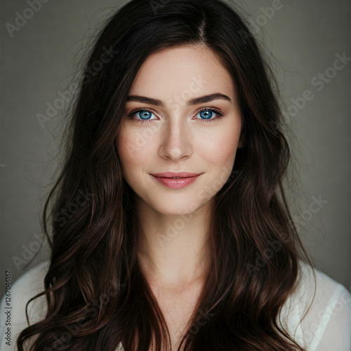 A stunning young woman with striking blue eyes and long wavy brown hair. Her natural beauty and confident smile create an elegant and captivating portrait.