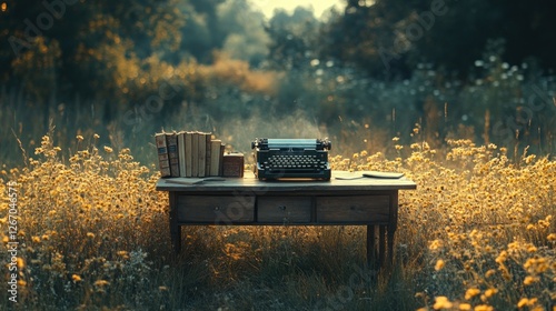 Vintage Typewriter in a Sunlit Meadow