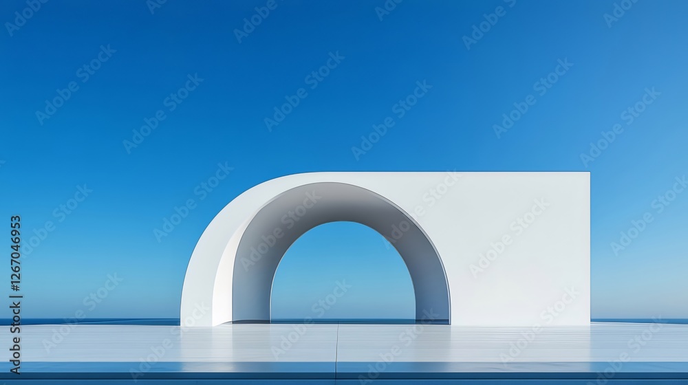 White archway, ocean view, clear sky, product display White archway, ocean view, clear sky, product display