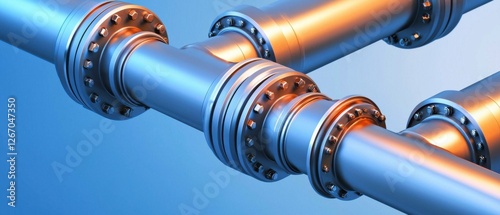 Industrial Metal Pipes with Flanges and Connectors in a Cool Blue Background Creating a Modern Aesthetic